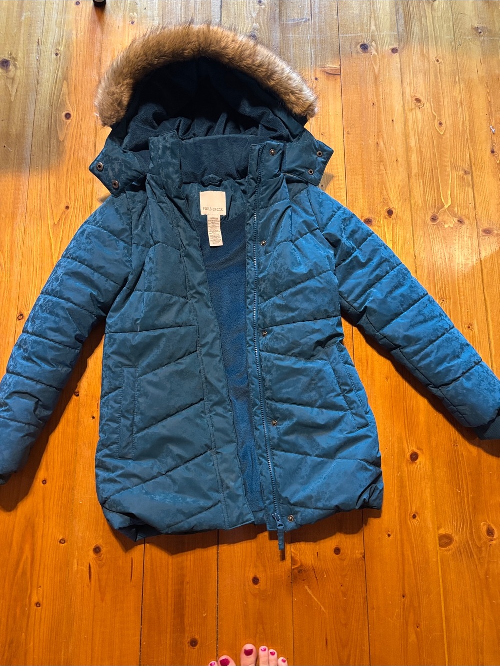 Falls Creek Kids Teal Puffy Coat with Faux Fur Trim